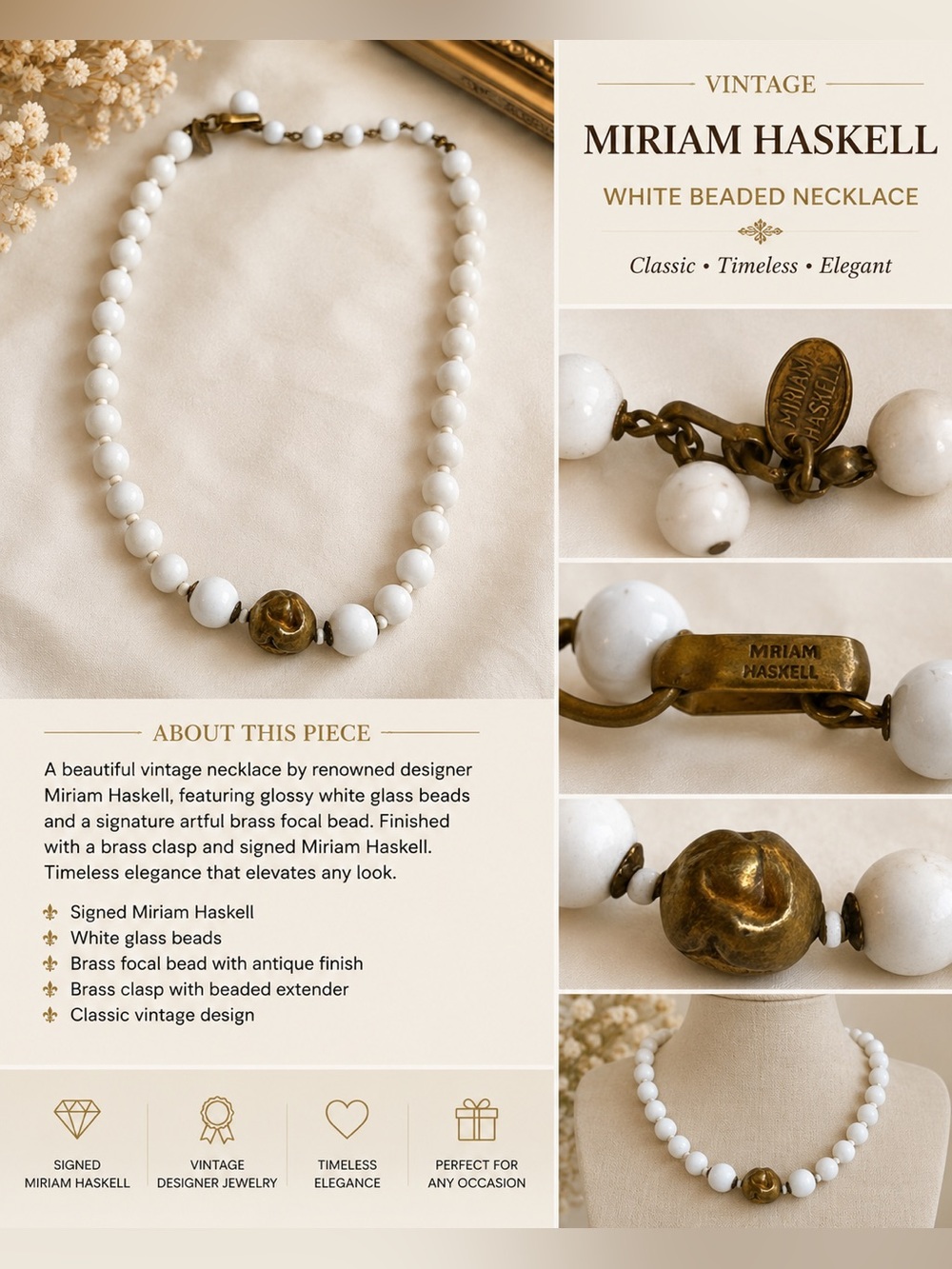 Vintage Miriam Haskell White Bead Necklace with Brass Focal